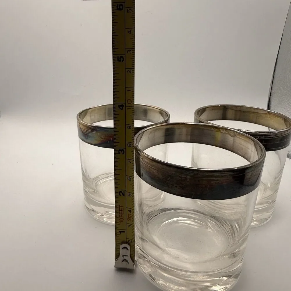 Set 3 Vintage Mid Century Silver Rim Rocks Glasses Whiskey Cocktail Thorpe Style
